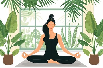 a poster with a woman doing yoga in front of palm trees girl in lotus position illustration