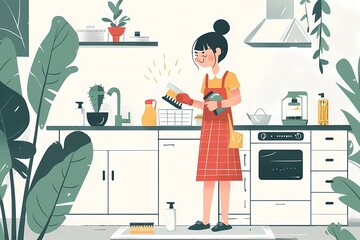 a cartoon of a girl cleaning the kitchen with a broom girl cleaning illustration

