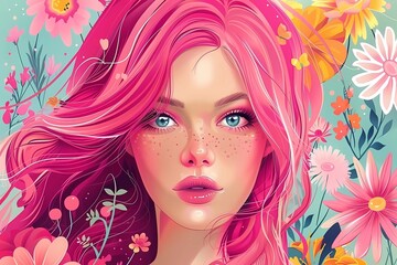 a painting of a woman with pink hair and flowers girl in flowers with pink hair