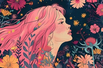 a painting of a woman with pink hair and flowers girl in flowers with pink hair