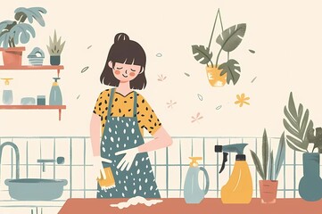 a cartoon of a girl cleaning the kitchen with a broom girl cleaning illustration
