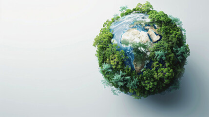 Fototapeta premium 3D realistic depiction of Earth with a focus on thriving ecosystems and the green environment, aimed at raising awareness of global warming, on a white background.
