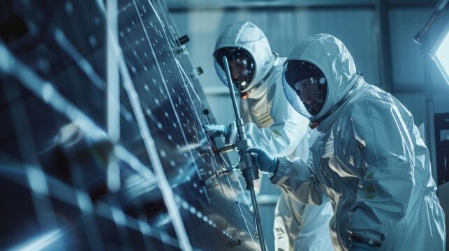 Working on satellite construction. Aerospace Agency: Science Team fixing solar panel wings to spacecraft. International Space Exploration Mission.