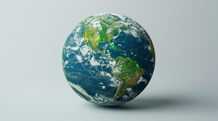 Fototapeta premium 3D realistic image showing a vibrant Earth with emphasis on sustainable green environments, set against a minimalist white studio background.