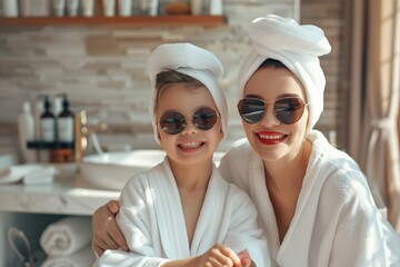 young mother and daughter wearing white robes, with towels on their heads and sunglasses, smiling at the camera.