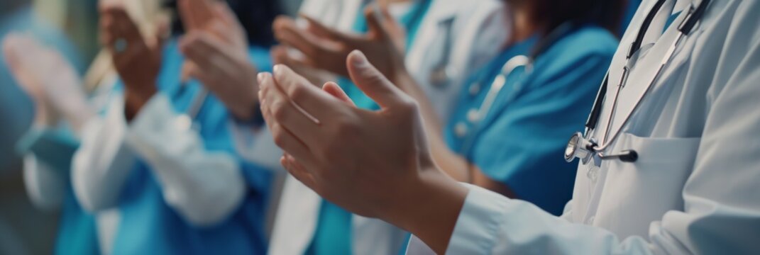 A group of healthcare workers clapping hands in a hospital hallway, showing support and teamwork among them - Powered by Adobe