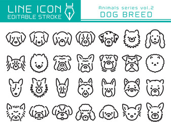 ラインアイコン　動物シリーズvol.2　犬種　いろんな種類の犬の顔