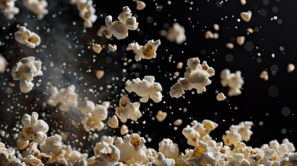Dynamic silhouette of levitating pieces of popcorn popping