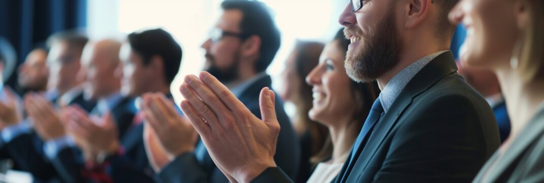 A captive audience is clapping hands in a conference hall, appreciating a speaker's presentation in a formal business or academic setting