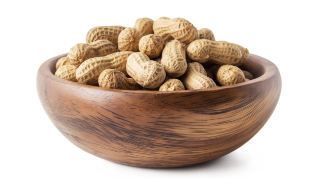 Wooden Bowl of Peanuts isolated on a transparent background