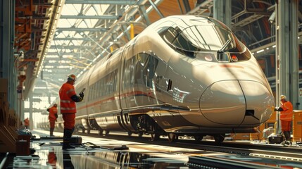 high-visibility jacket inspecting the coupling systems of a high-speed train, set in a maintenance facility.