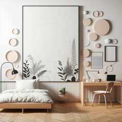 Bedroom sets have template mockup poster empty white with Bedroom interior and a desk image realistic has illustrative meaning used for printing card design.