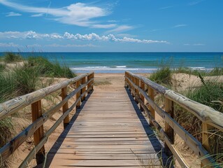 Obraz premium Wooden bridge on the beach, beautiful landscape and sky