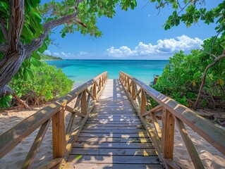 Fototapeta premium Wooden bridge on the beach, beautiful landscape and sky