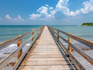 Fototapeta premium Wooden bridge on the beach, beautiful landscape and sky