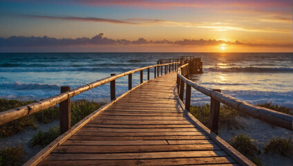 Sunset Serenity, Wooden Walkway Along Ocean Coast Leading to Beach