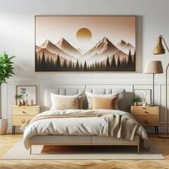 Bedroom sets have template mockup poster empty white with Bedroom interior and a painting on the wall image art realistic photo lively.