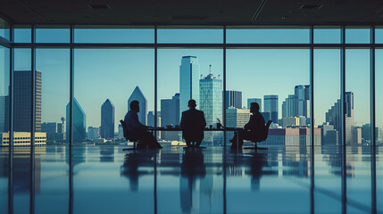 Three business people in silhouette having an executive meeting with downtown  city skyline
