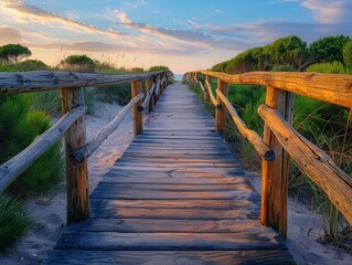 Fototapeta premium Wooden bridge on the beach, beautiful landscape and sky