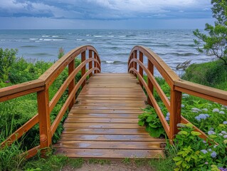 Fototapeta premium Wooden bridge on the beach, beautiful landscape and sky