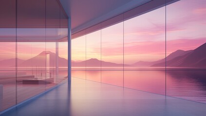 Serenity in Pink: Glass Window Resort Offers Peaceful Views of Ocean and Mountain Under Soft Pink Sky