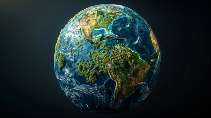 3D image of Earth, illustrating lush green landscapes juxtaposed with arid regions, against a black studio background to emphasize global warming.