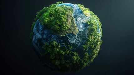 3D rendering of Earth emphasizing vibrant green forests on a deep black studio background, focusing on the 'Save the World' initiative.