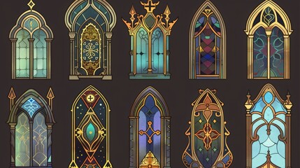 Gothic line art stained glass windows flat item set. Gothic windows. Vintage frames. Church stained-glass windows