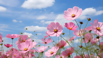 Pink wildflowers under a sky backdrop