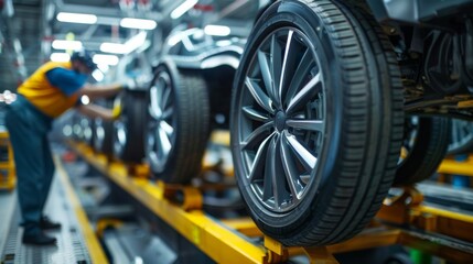 Fototapeta premium technician inspecting the alignment and assembly of car wheels in an automotive production line.