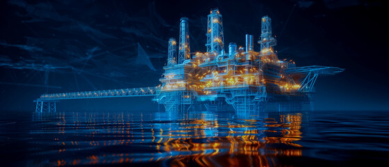 3D rendering , Oil rig constructtion plant overlay with wireframe  on black background