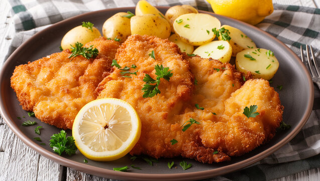 Delicious authentic breaded and deep-fried Wiener schnitzel served with lemon and boiled potatoes with parsley on a a plate
