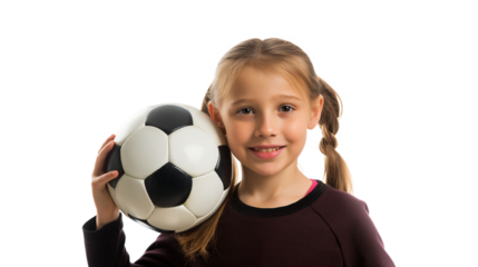 A young girl holding soccer ball isolated on a transparent background