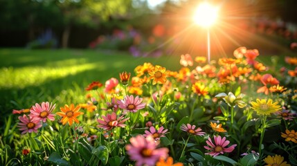 Obraz premium summer garden vibes, during summer, a lively backyard atmosphere is created by vibrant flowers in full bloom under the bright sunshine