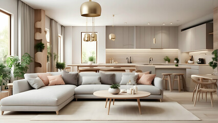 Fototapeta premium This inviting open space presents a neutral-toned sofa, wooden accents, and gentle lighting, creating a cohesive and contemporary living environment