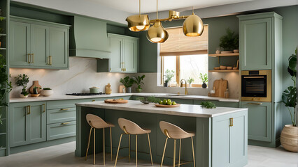 A beautifully designed kitchen space with green cabinetry, marble countertops, and tasteful modern fixtures