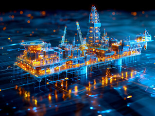 3D rendering , high angle view Oil rig constructtion plant overlay with wireframe  on black background