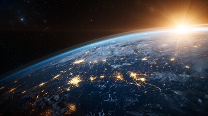 Digitalization of e-Commerce, e-Business, Spinning Planet Earth Seen from Space Sharing Rays of Information Between Cities. 3D Graphics Concept: Spinning Planet Earth Seen from Space.