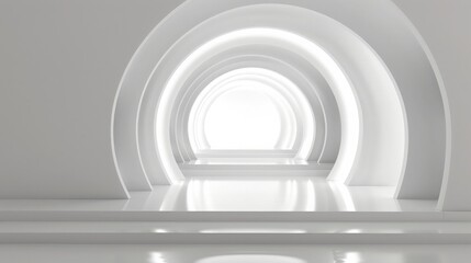 Obraz premium White round tunnel podium abstract background. Light reflection stage. 3d render 