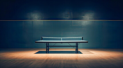 Brightly lit interior, empty ping pong court bathed in warm orange artificial light.