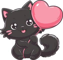 kawaii-style illustration of a cute, black cat holding a heart shaped balloon