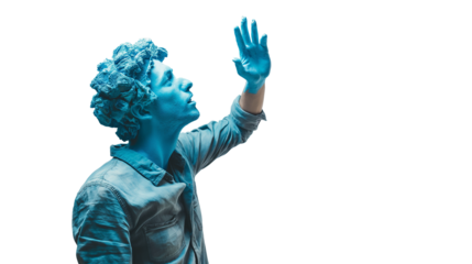 A young man headed by blue statue head isolated on a transparent background