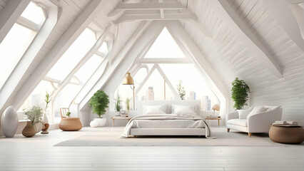 A cozy attic bedroom featuring a cityscape view, minimal decor, and a serene white theme, offering...