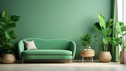 A cozy living room interior with a green sofa and large potted plants enhancing the freshness of space
