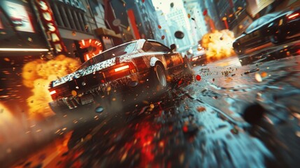A racing arcade game set in a chaotic city. A computer-generated 3D rendering of fast-driving cars drifting on a highway collecting coins. Illustration of three-person gameplay.