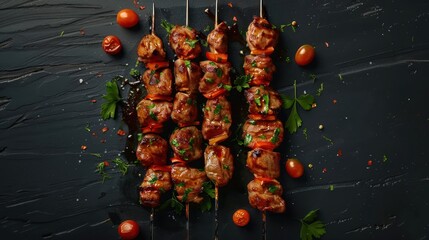 Grilled meat skewers on black background, shish kebab,top view,AI generated image.