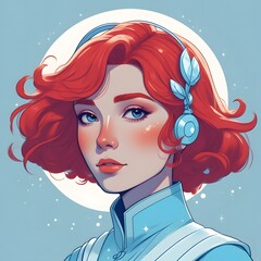 woman with red hair and a halo around her head on a simple clean monochrome light background, sparkling small diamonds in her hair, anime, angels, retro 80s