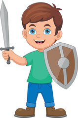 Little boy holding sword and shield