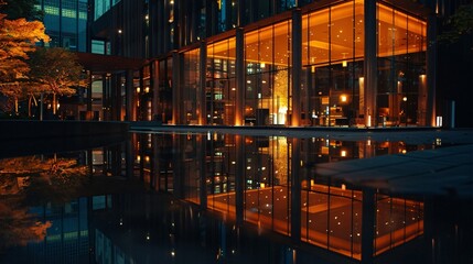 Fototapeta premium a night time picture of a building with a reflection of the outside