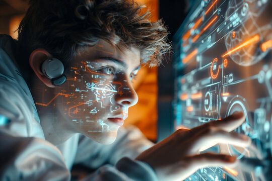 A man is looking at a computer screen with a face on it. Concept of curiosity and fascination